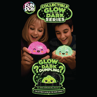 Children holding glowing pink glitter and lime green squishy dumplings in dark room