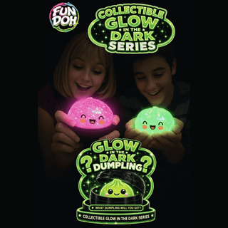 Glow-in-the-dark squishy dumpling set with pink glitter and lime green luminescence held by children in dark