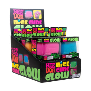 Retail display box of Nee Doh Nice Cube Glow featuring multiple colors and glow-in-the-dark usage images