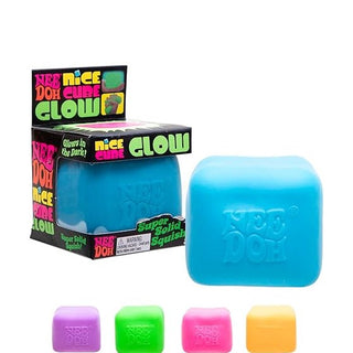 Blue Nee Doh Nice Cube Glow with four other color variants lined up next to retail box packaging