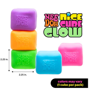 Set of five Nee Doh Nice Cube Glow squishy cubes in purple, orange, green, blue, and pink with dimensions