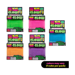 Variety pack of Nee Doh Nice Cube Glow squishy toys in green, pink, blue, orange, and purple boxes