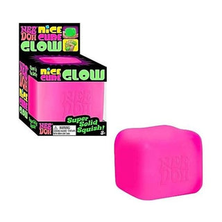 Hot pink Nee Doh Nice Cube Glow sensory cube in retail box with clear window and embossed logo