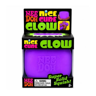 Purple Nee Doh Nice Cube Glow squishy toy in blister pack packaging with choking hazard warning label