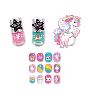 Glow in the Dark nail polish set with unicorn ring and press-on nails in pink and teal