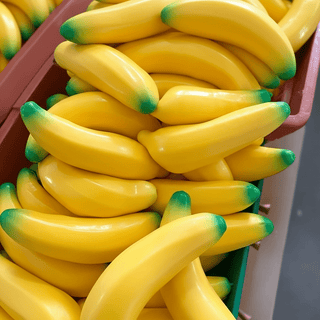 Giant slow rise banana squishy toy in bright yellow with green stem, stacked in crates for retail display