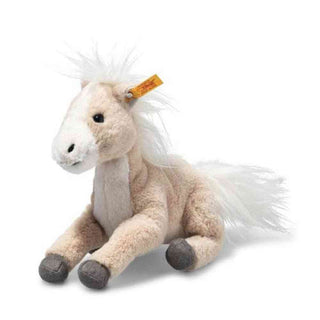 Steiff Gola Horse plush toy beige and white with fluffy mane, button eyes, and yellow ear tag