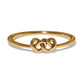 Brighton gold hinged bangle bracelet featuring two interlocked hearts in polished finish
