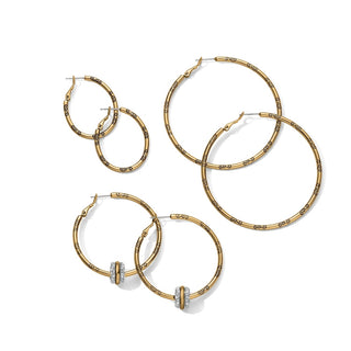 Brighton gold-plated oval hoop earrings with interchangeable diamond-encrusted charms and scrollwork detail