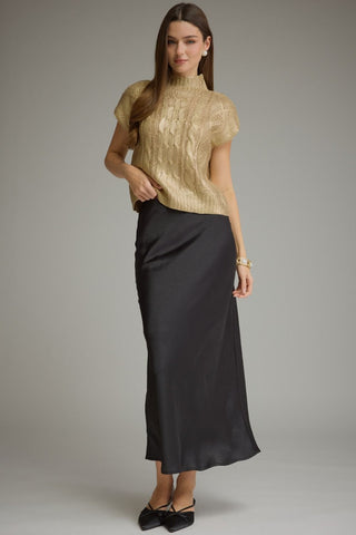 Gold metallic cable-knit mock-neck short sleeve sweater top by Entro