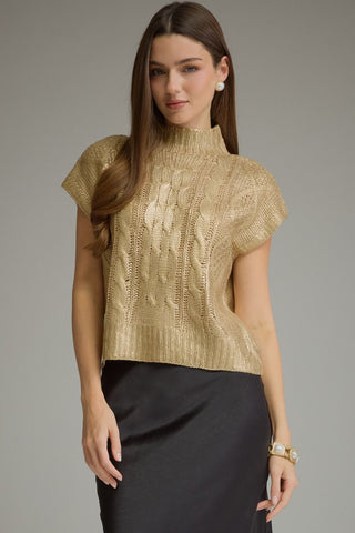 Entro gold metallic cable-knit mock neck cropped sweater top with cap sleeves