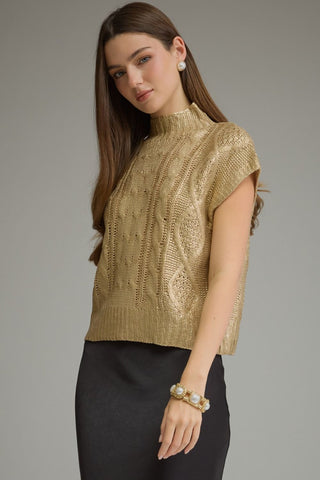 Entro gold sparkle cable-knit mock neck sleeveless sweater top