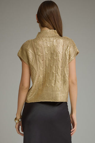 Entro gold metallic cable-knit turtleneck sweater vest with cap sleeves, back view