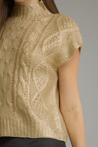 Entro gold metallic cable-knit mock neck sleeveless crop sweater top