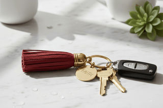 Red Faith tassel keychain styled with keys on marble surface lifestyle shot