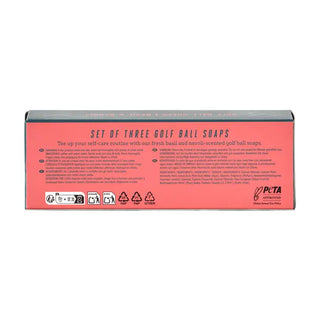 Back panel of pink Golf Ball Soaps box, set of three, PETA approved