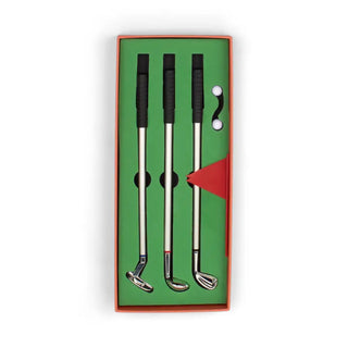 Set of three golf club-shaped pens in green-lined gift box with mini balls and flag