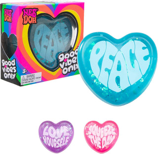 Teal NeeDoh peace heart squishy toy displayed with rainbow retail box and variant options