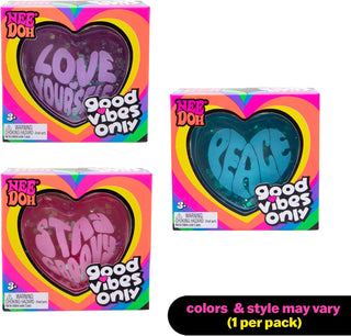 NeeDoh Good Vibes Only sensory toy packaging set with glitter hearts and retro typography