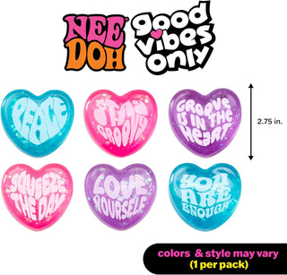 Six colorful NeeDoh squishy heart toys with uplifting phrases and iridescent glitter