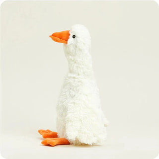 Side view of white microwavable goose toy showing elongated neck and fluffy body