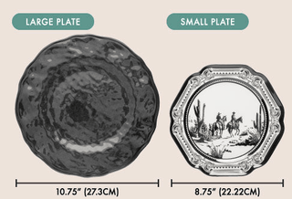 Black melamine salad plate, 8.75 inches, with ornate border and Western cowboy scene
