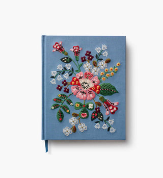 Rifle Paper Co. Gracie Embroidered Sketchbook with floral embroidery on blue hardcover