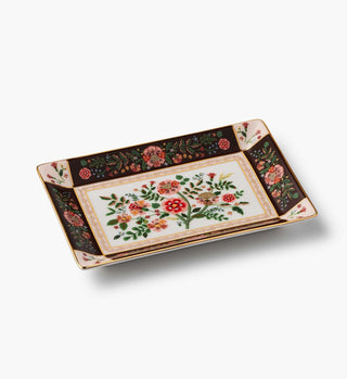 Rectangular porcelain catchall tray with floral botanical design and gold trim accents