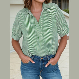 v neck top with green stripes