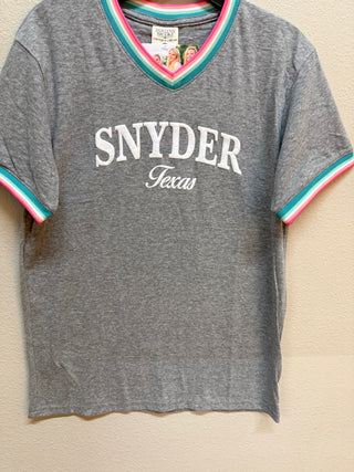 Grey v-neck tee with rainbow rib trim and Snyder Texas embroidered graphic