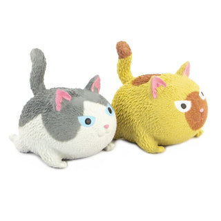 Two plush cat toys, one gray and white, one yellow with brown patches