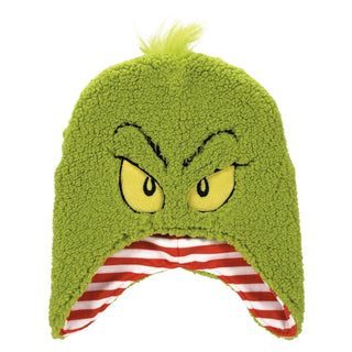 Green plush Grinch baby hat with embroidered angry eyes, striped red white ear flaps, and lime green tufted hair