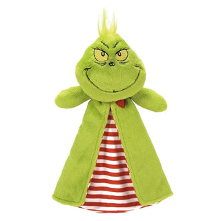 Green Grinch baby tag-a-long plush comforter with red white striped lining and heart detail