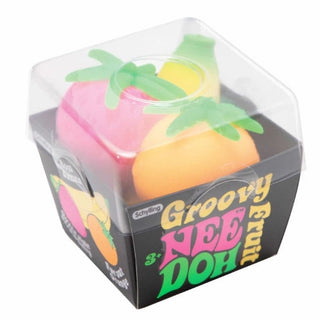 Box of Schylling Groovy Nee Doh fruit toys with colorful packaging.