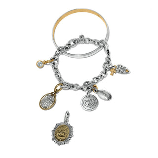 Faith-themed charm bracelet styling with Guardian Angel, Saint, and Love Hope Faith pendants