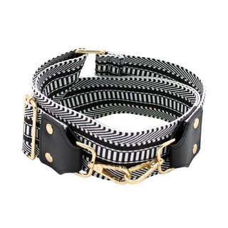 Capri Designs guitar strap in black and white tribal stripe pattern with gold hardware