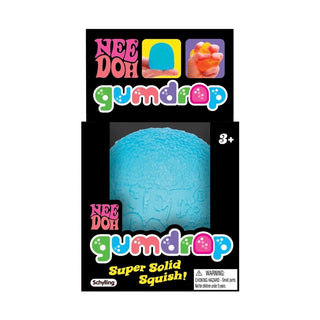 Cyan blue NeeDoh Gumdrop squishy toy inside black Schylling box