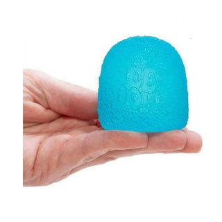 Cyan blue NeeDoh Gumdrop squishy held in palm showing size and grip
