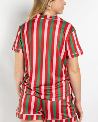 Women's red, green, and pink striped short sleeve button-up pajama shirt and shorts set