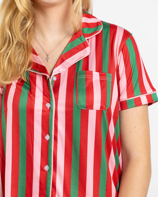 Red, green, and pink striped satin short sleeve button-up sleep shirt with chest pocket