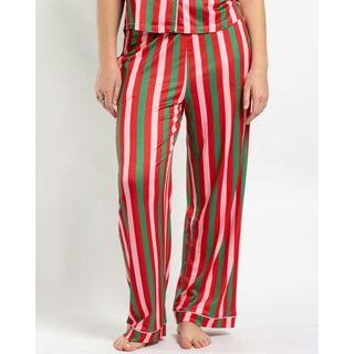 Satin pajama pants in red, green, and pink vertical stripes, wide-leg fit