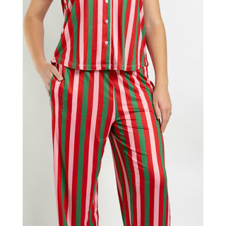 Red, green, and pink vertical striped satin sleep pants with side pockets