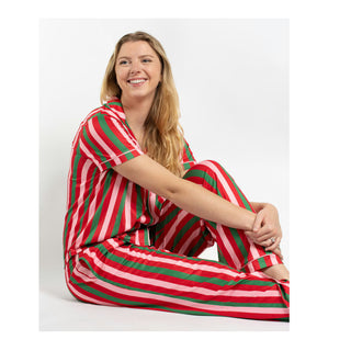 Women's red, pink, and green striped satin sleep pants with matching top