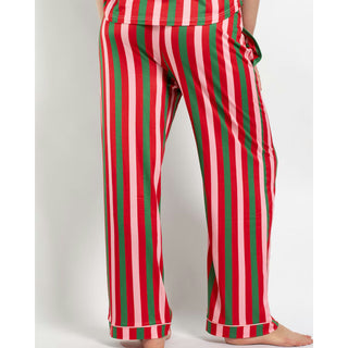Red, pink, and green vertical striped satin sleep pants with white piping trim