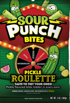 Sour Punch Bites Pickle Roulette 5oz green candy bag with spinning wheel graphic