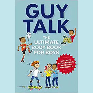 Guy Talk ultimate body book for boys cover featuring diverse active cartoon teens and must-have advice badge