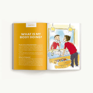 Guy Talk teen puberty book open spread showing bathroom hygiene illustration with boy brushing teeth