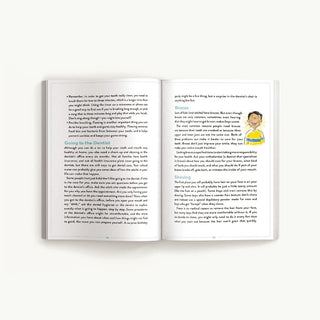 Guy Talk teen guide interior pages on dentist braces and shaving with hand-drawn watercolor illustrations