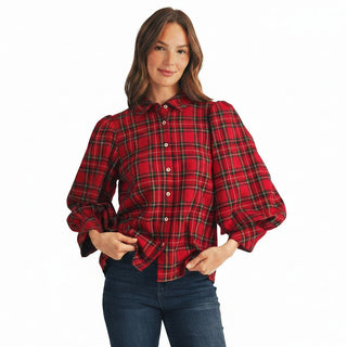 Woman wearing Jodifl H17115 red plaid button-down shirt with puff sleeves and blue jeans