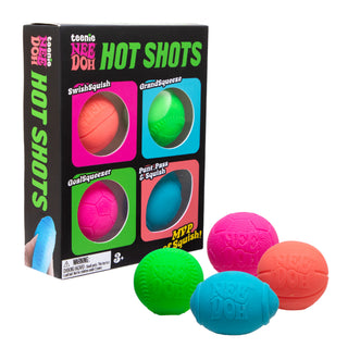 Teenie Nee Doh Hot Shots 4-pack with box showing four mini sport squishy balls